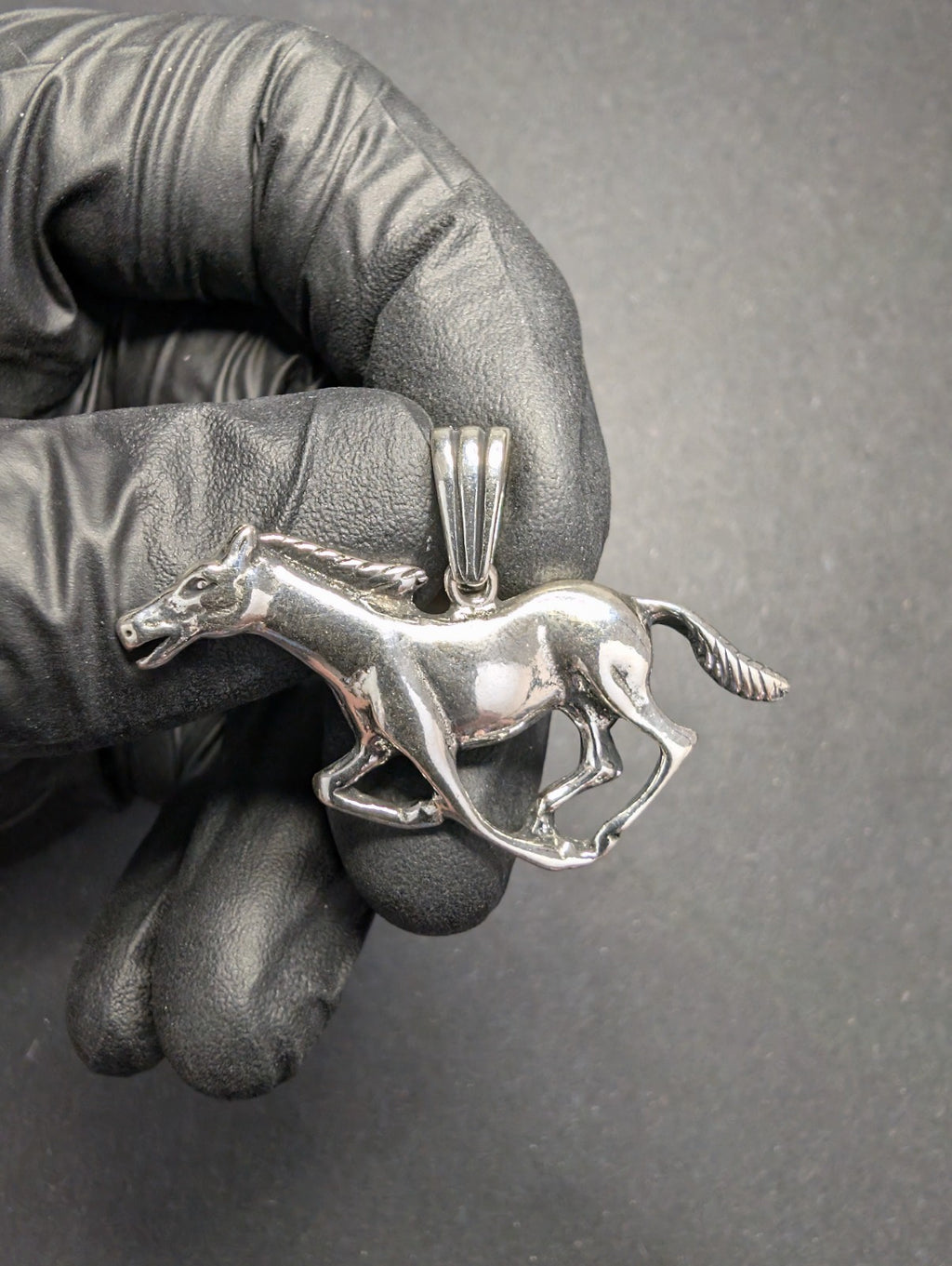 Solid 925 Sterling Silver Oxidized Finish Galloping Mustang / Horse Pendant