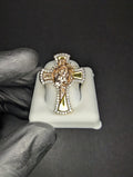 Two-Tone Gold over Solid 925 Silver VVS D Moissanite Jesus Cross Ring Size 11