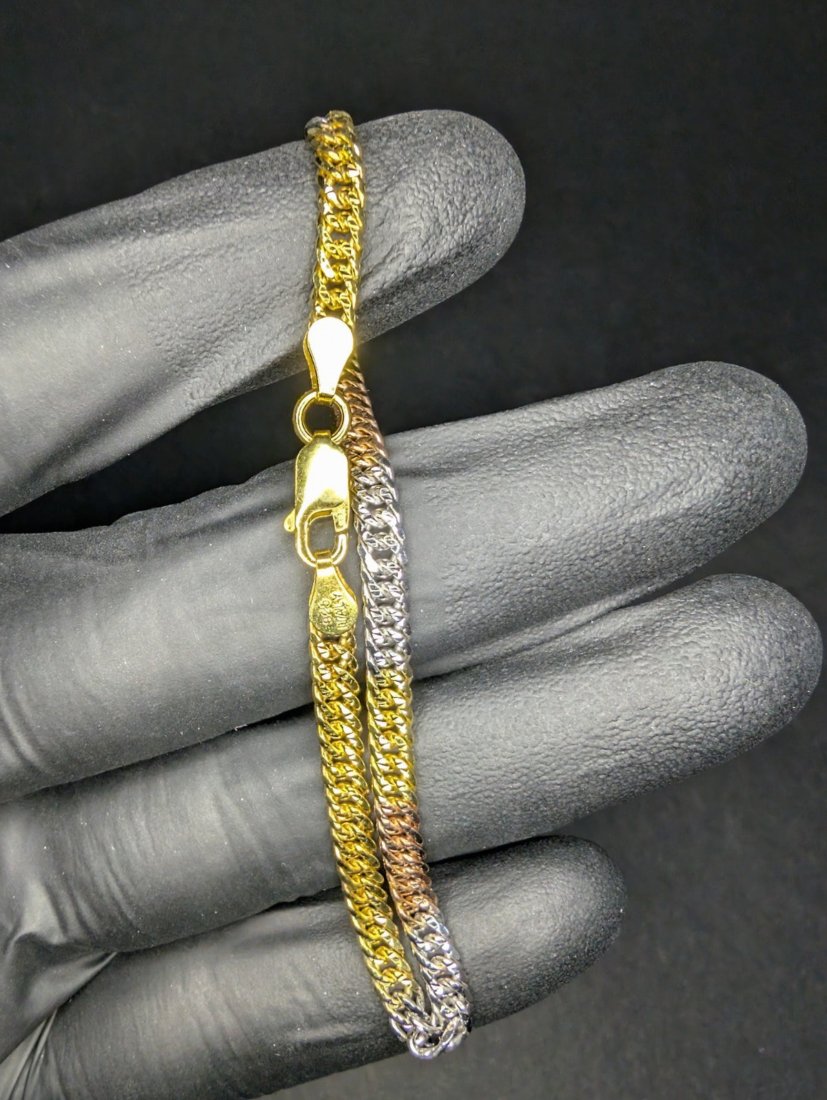 Tri-color Gold over Solid 925 Sterling Silver 7.5in 4.1mm Double Cuban Bracelet