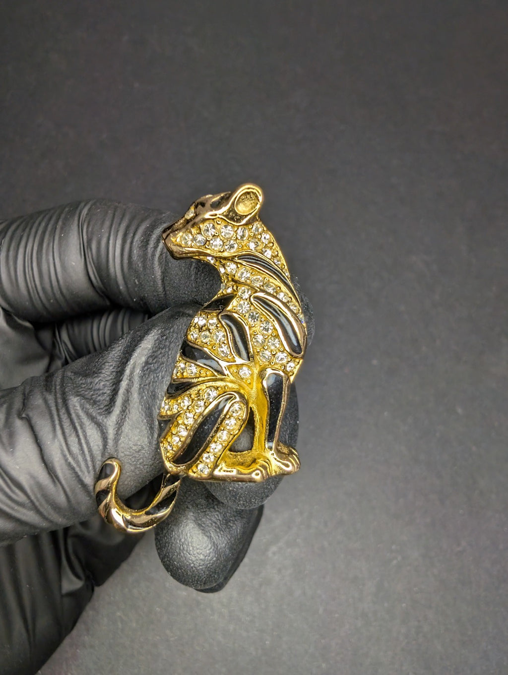 Vintage Gold Tone Christian Dior Rhinestone Black Enamel Panther Brooch / Pin
