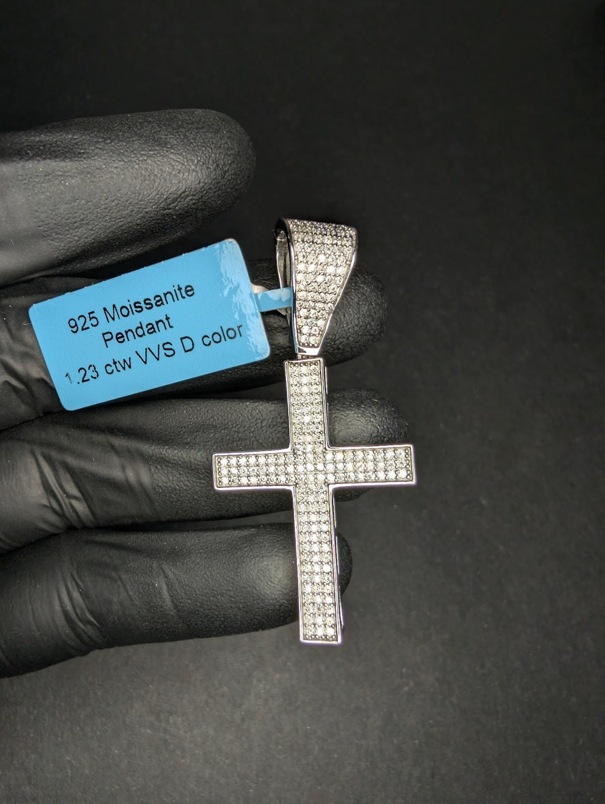 Solid 925 Sterling Silver VVS D Moissanite Pave Cross Pendant with Hinged Bail