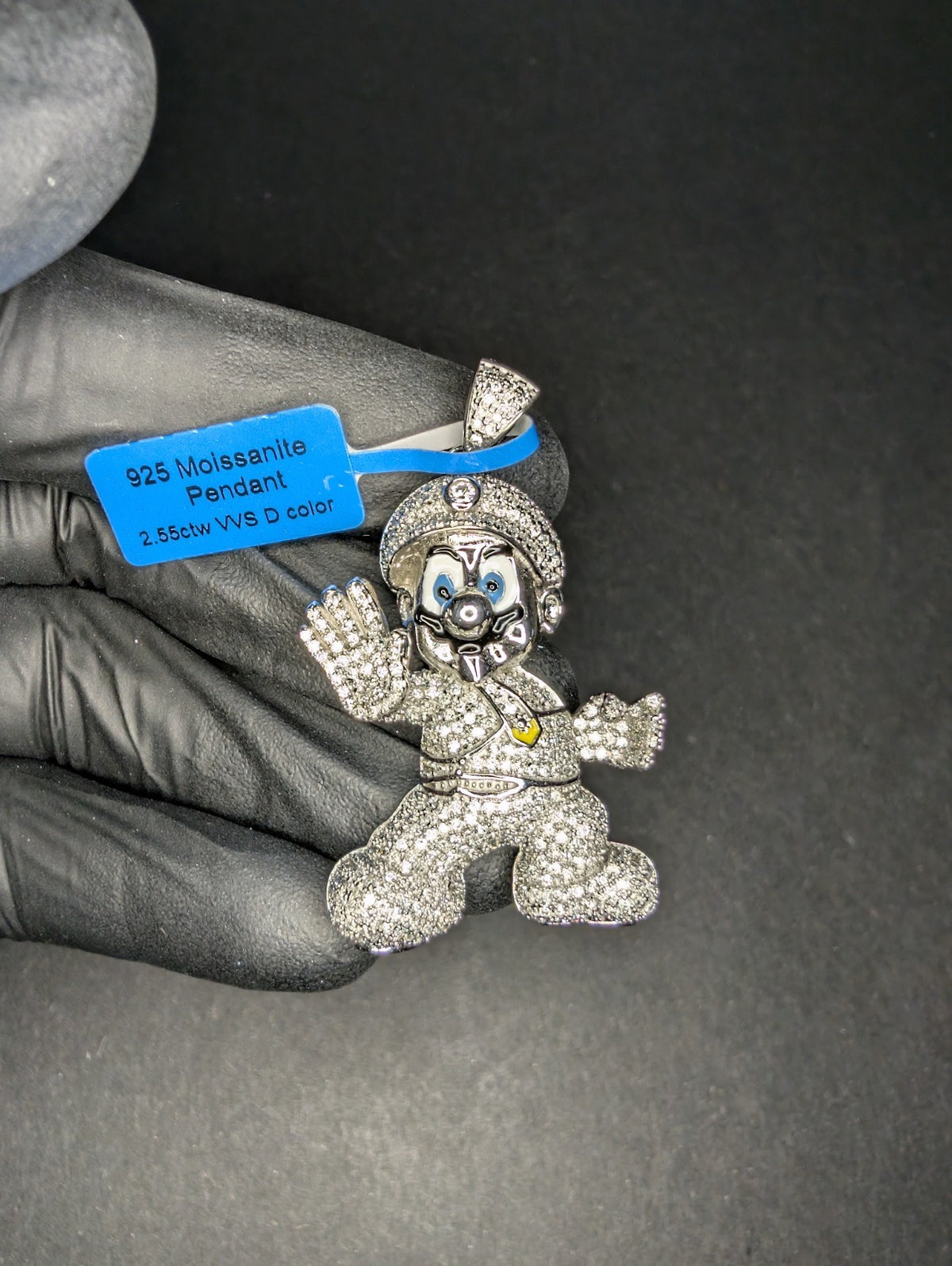 Solid 925 Sterling Silver VVS D Moissanite Mario Pendant