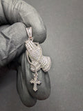 Solid 925 Silver Icy VVS D Moissanite Prayer Hands Pendant with Dangling Cross