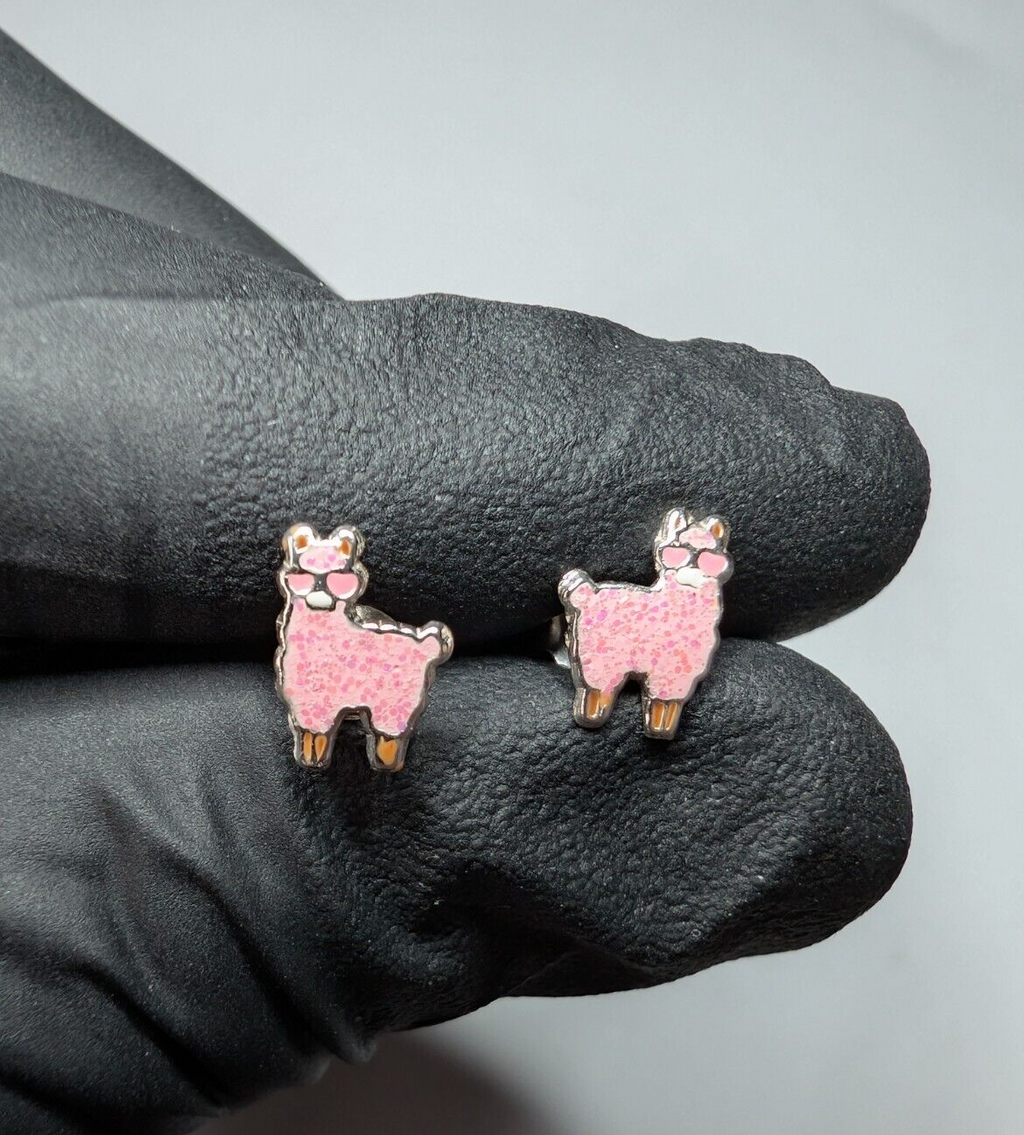 Solid 925 Sterling Silver Cool Sparkle Pink Enamel Llama Stud Earrings 