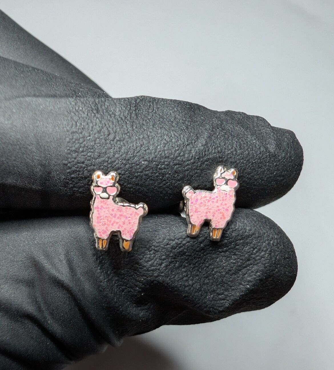 Solid 925 Sterling Silver Cool Sparkle Pink Enamel Llama Stud Earrings 