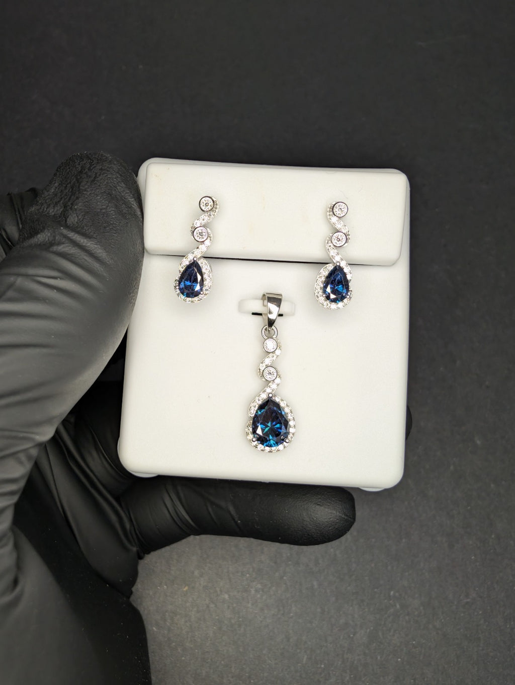 Solid 925 Sterling Silver Blue  Moissanite Pear Dangle Pendant and Earrings Set
