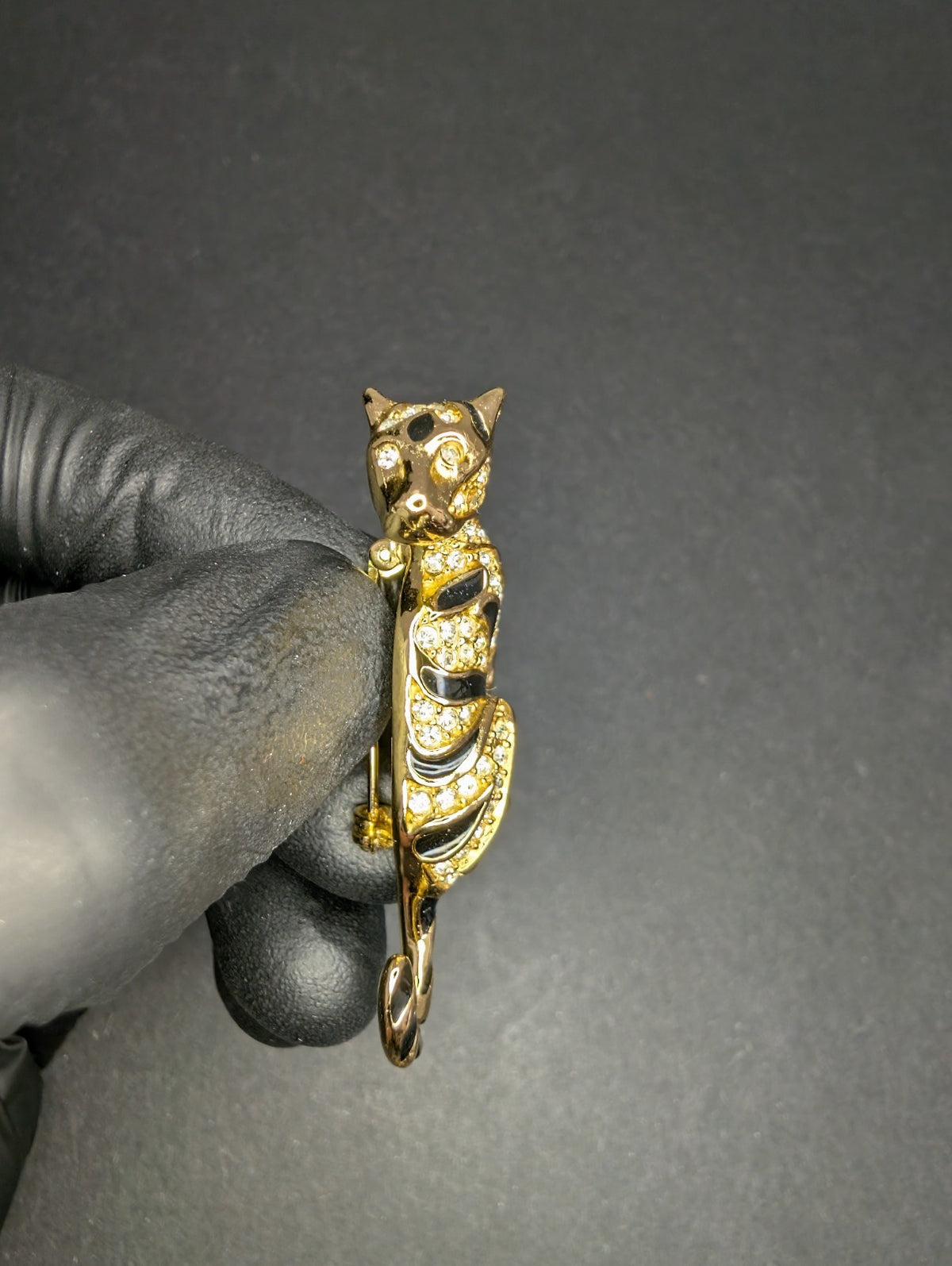 Vintage Gold Tone Christian Dior Rhinestone Black Enamel Panther Brooch / Pin