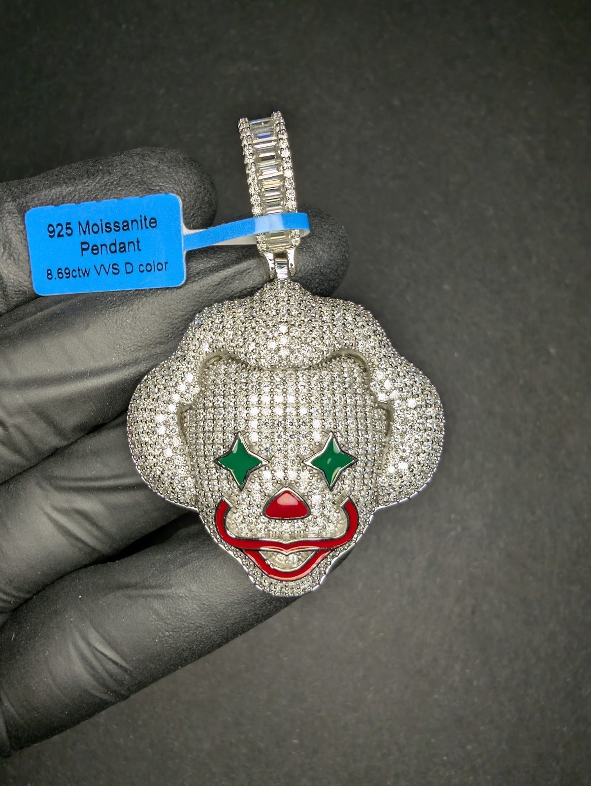 Solid 925 Sterling Silver Icy VVS D Moissanite Clown Red & Green Enamel Pendant