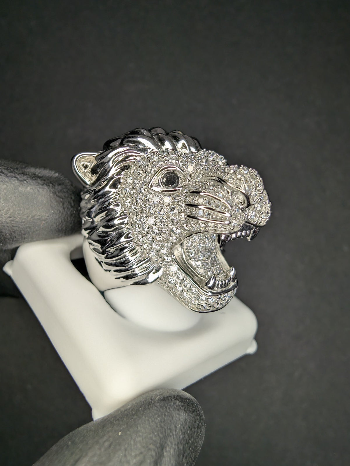 Solid 925 Sterling Silver VVS D Moissanite Huge Lion Head Ring Size 8