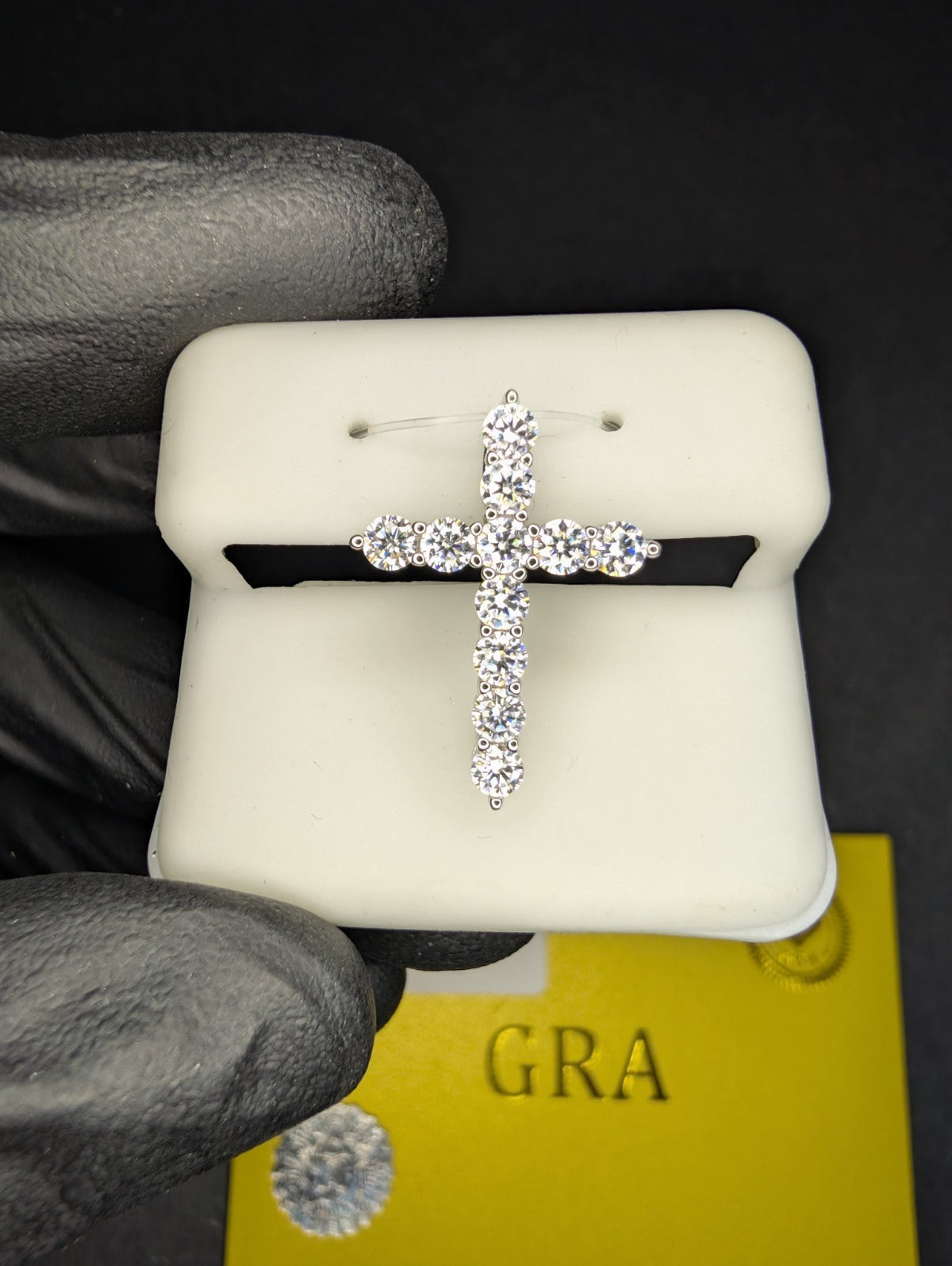 Solid 925 Silver GRA Certified Moissanite Hidden Bail Tennis Cross Pendant