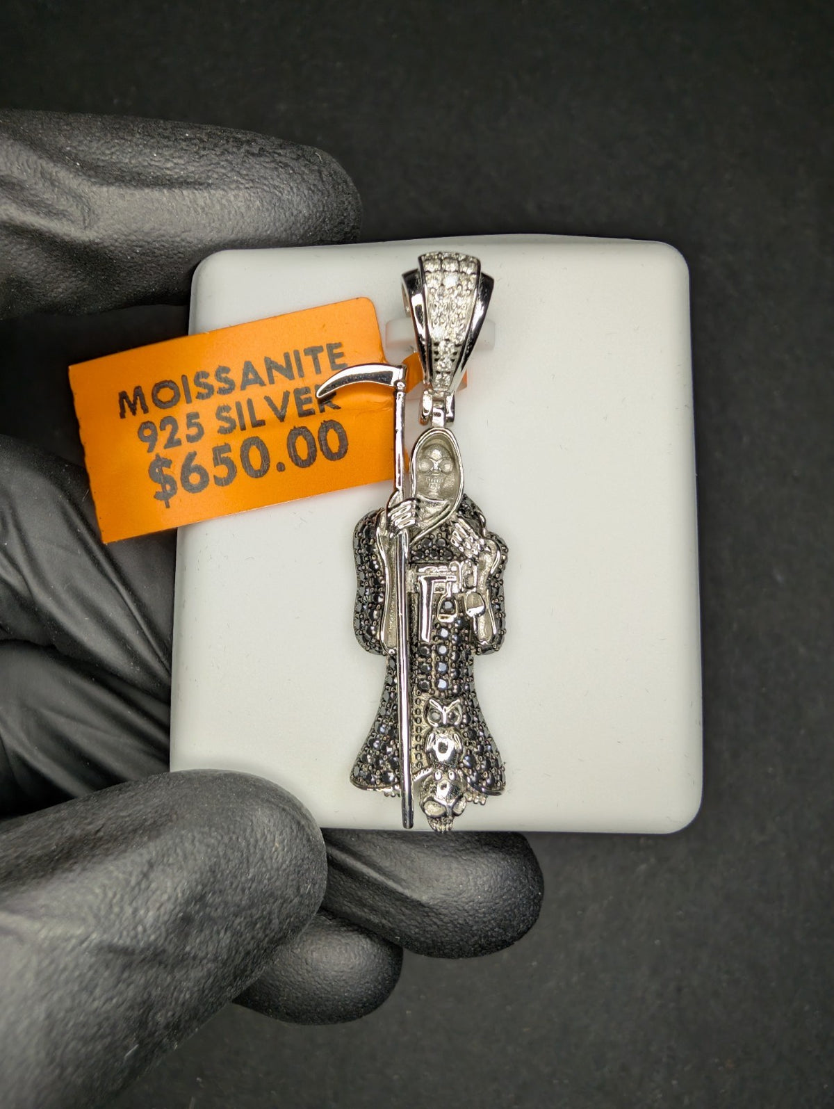 Solid 925 Sterling Silver Black and White Moissanite Santa Muerte Reaper Pendant