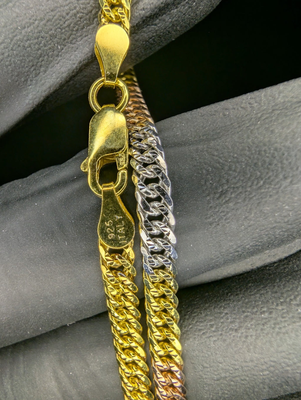 Tri-color Gold over Solid 925 Sterling Silver 7.5in 4.1mm Double Cuban Bracelet