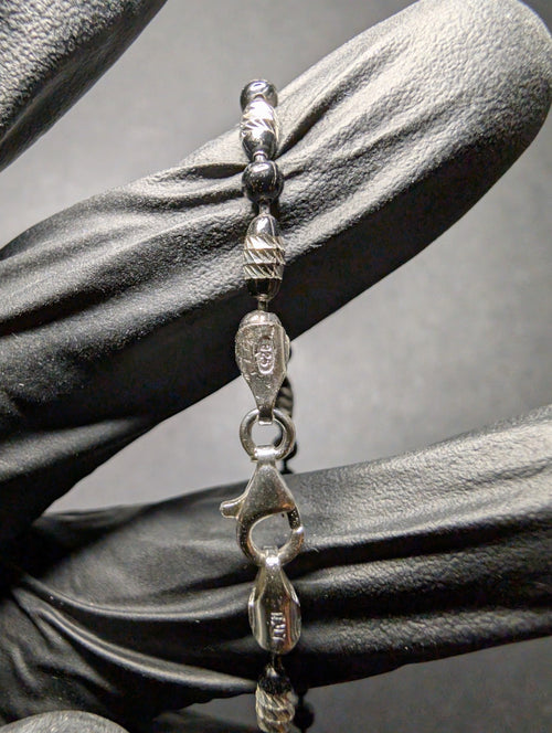 Black Rhodium over Solid 925 Silver Diamond-cut 7" Bead and Barrel Bracelet