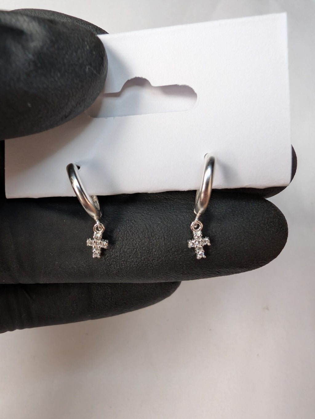 Solid 925 Sterling Silver Icy Huggie / Hoop Earrings with Dangle Cross