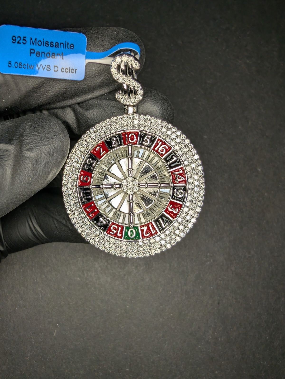 Solid 925 Sterling Silver Iced Out VVS Moissanite Roulette Wheel Pendant