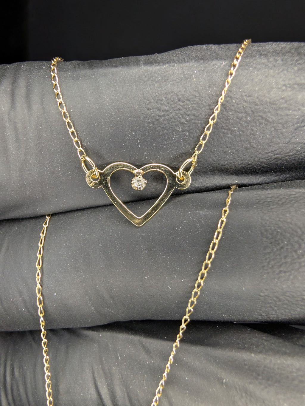 Solid 14K Yellow Gold Dainty 16in Necklace with Open Heart Diamond Pendant