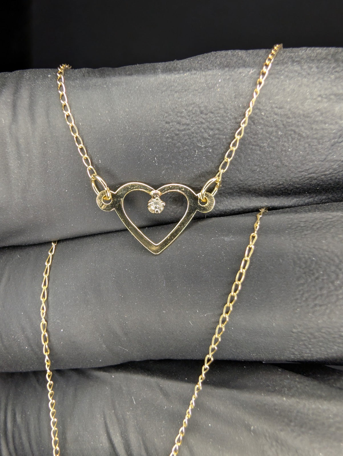 Solid 14K Yellow Gold Dainty 16in Necklace with Open Heart Diamond Pendant