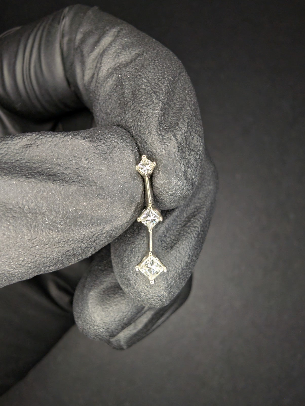 Solid 14K White Gold 3 Stone Princess Cut Natural Diamond Drop Style Pendant