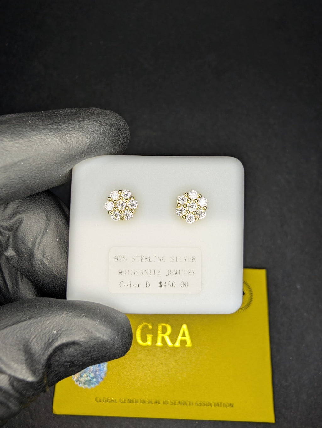 Gold over 925 Silver GRA Certified VVS Moissanite 6.5mm Honeycomb Cluster Studs