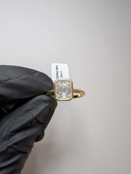 Gold over Solid 925 Sterling Silver Emerald Cut Moissanite Ring Size 9