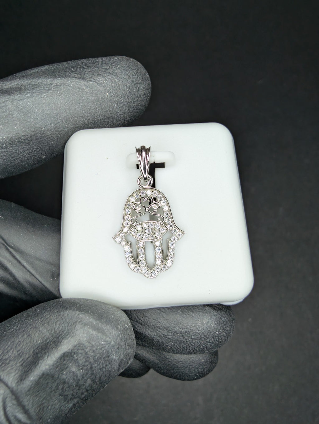 Solid 925 Sterling Silver Iced Out VVS D Color Moissanite Dainty Hamsa Pendant