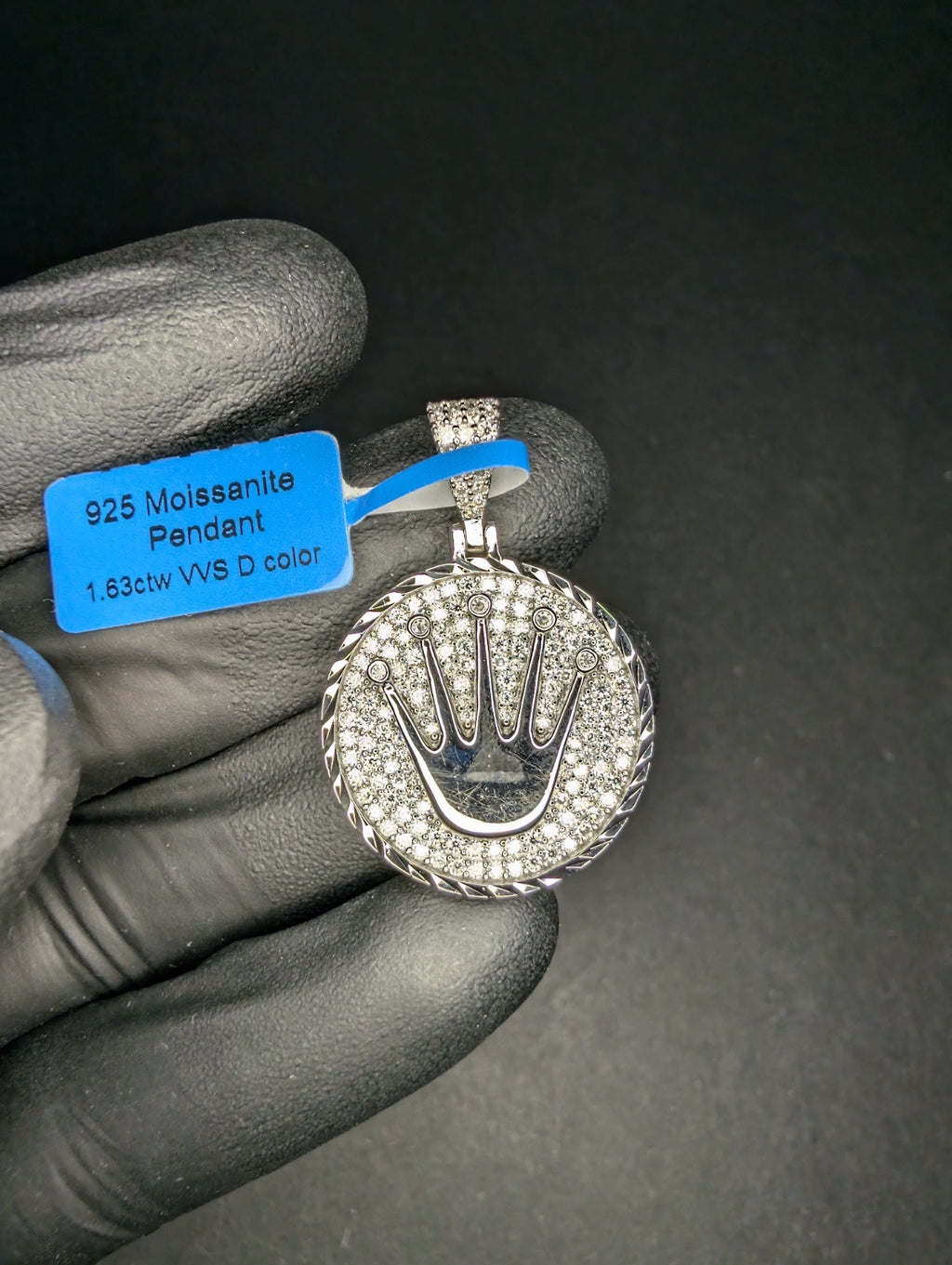 Solid 925 Sterling Silver Iced Out VVS Moissanite Round Crown Medallion Pendant