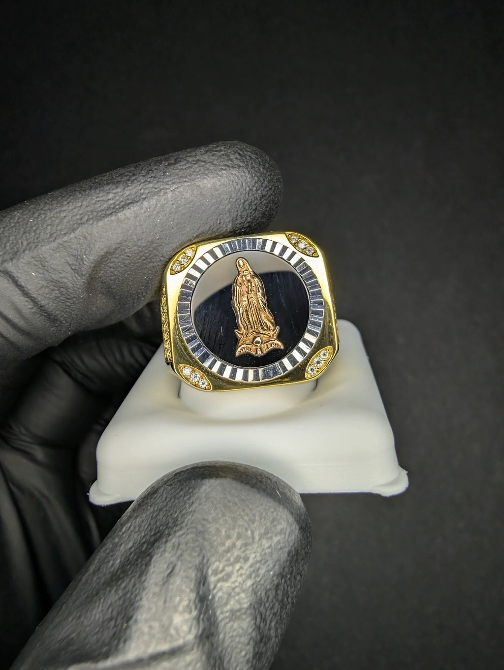 Tri-Color Gold over Solid 925 Silver VVS D Moissanite Virgin Mary Ring Size 11
