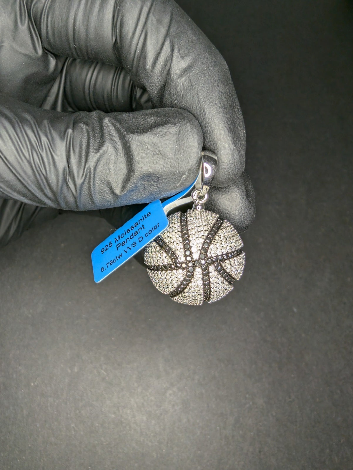 Solid 925 Sterling Silver Iced Out Black and White Moissanite Basketball Pendant
