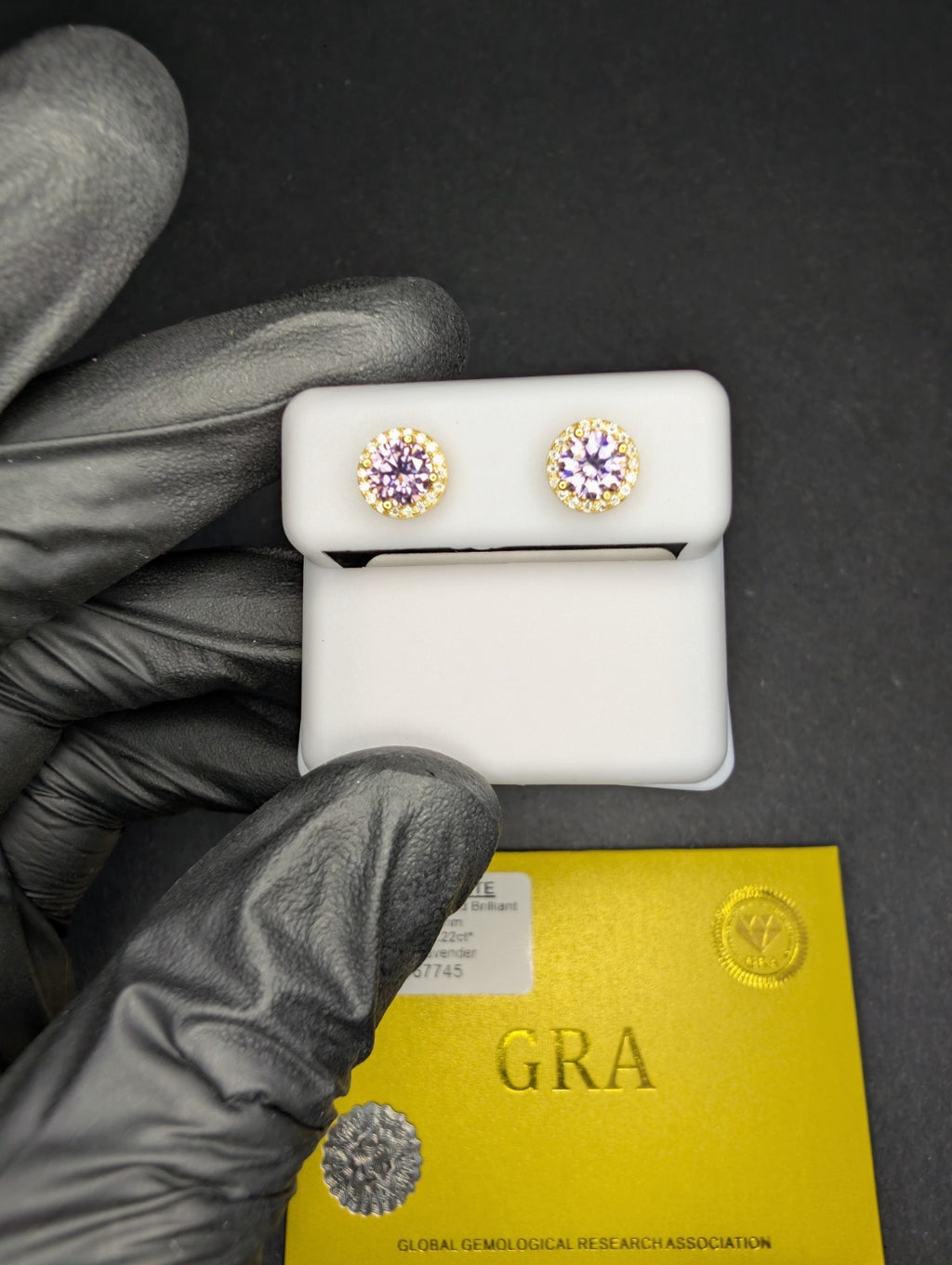 Gold over Solid 925 Silver GRA Certified Lavender Moissanite 7.5mm Halo Studs