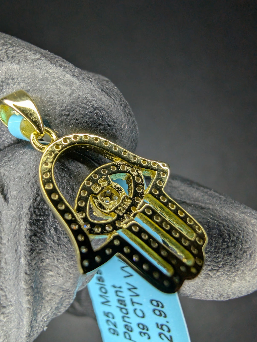 Gold over Solid 925 Sterling Silver Iced Out VVS D Moissanite Hamsa Eye Pendant