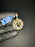 Gold Over Solid 925 Silver Iced Out VVS Moissanite Round Crown Medallion Pendant