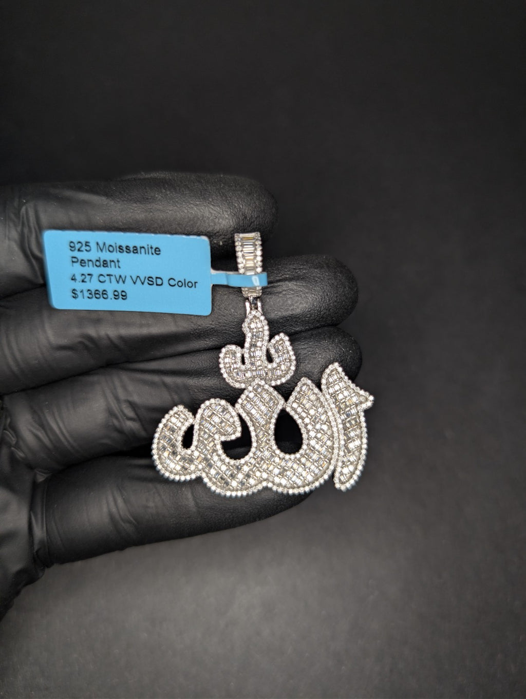 Solid 925 Sterling Silver VVS D Baguette and Round Moissanite Allah Pendant