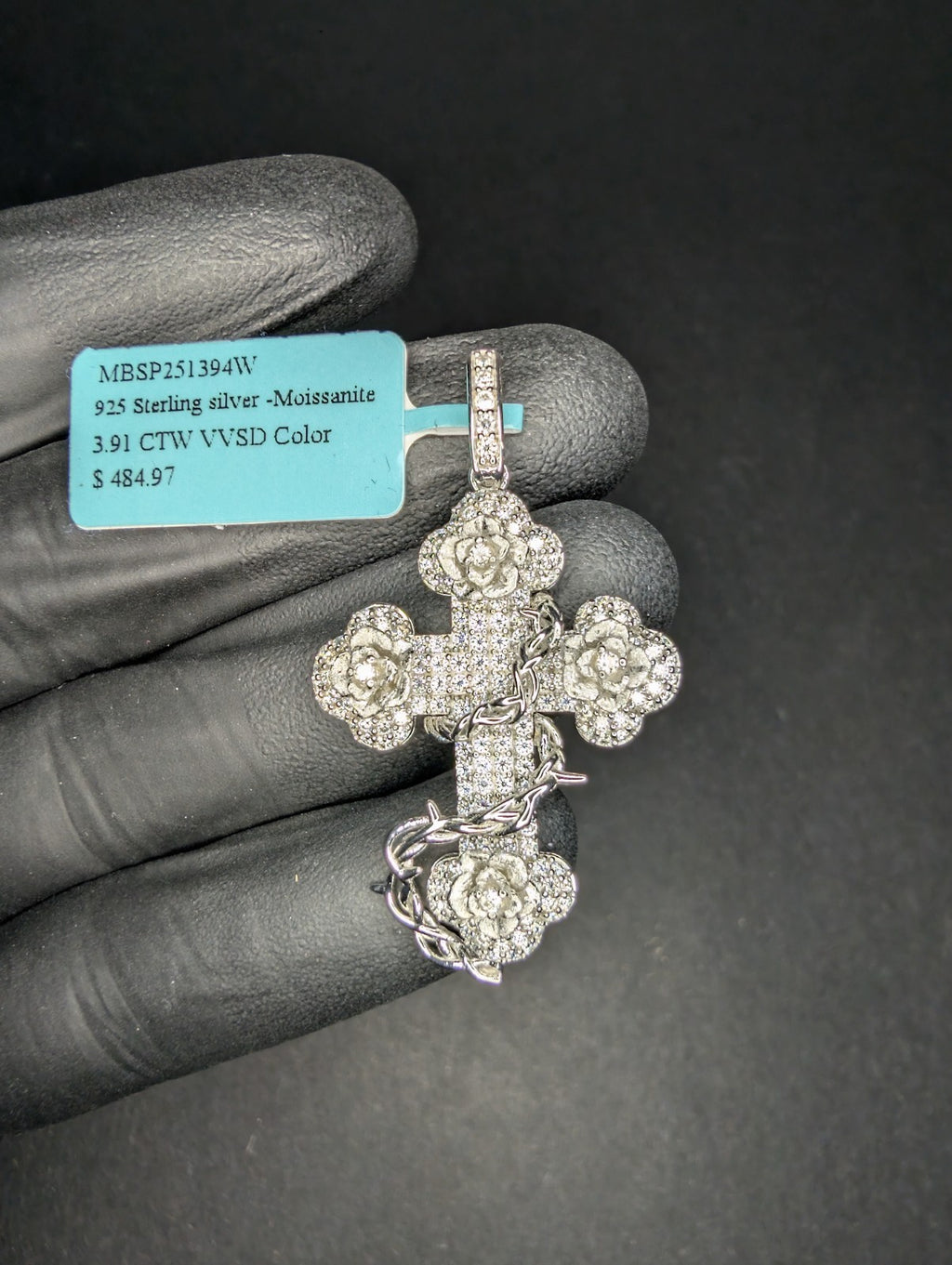 Solid 925 Sterling Silver VVS D Moissanite Rose Vine Wrapped Cross Pendant