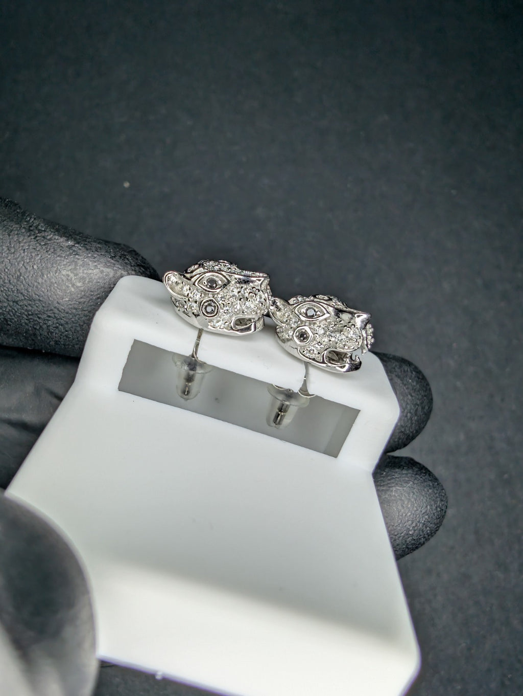 Solid 925 Sterling Silver Black and White VVS D Moissanite Cheetah Stud Earrings