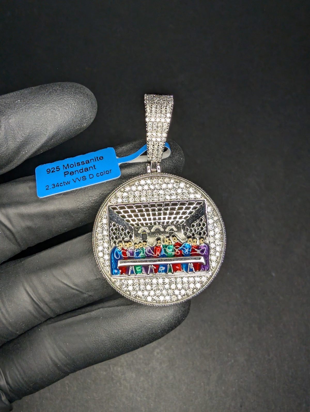 Solid 925 Sterling Silver Iced Out VVS D Moissanite Last Supper Enamel Pendant