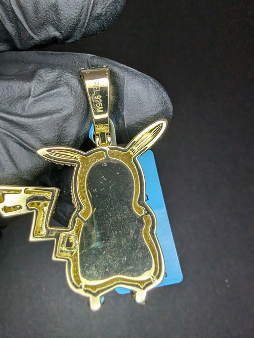 Gold Over Solid 925 Silver Iced Out VVS D Moissanite Pikachu Pokemon Pendant