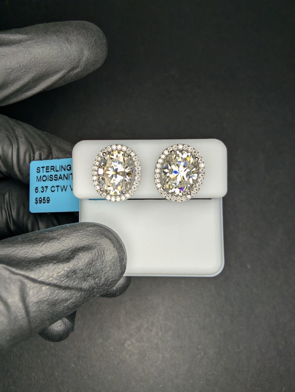 Solid 925 Silver VVS D Moissanite Oval Solitaire with Halo Stud Earrings 6.37ctw