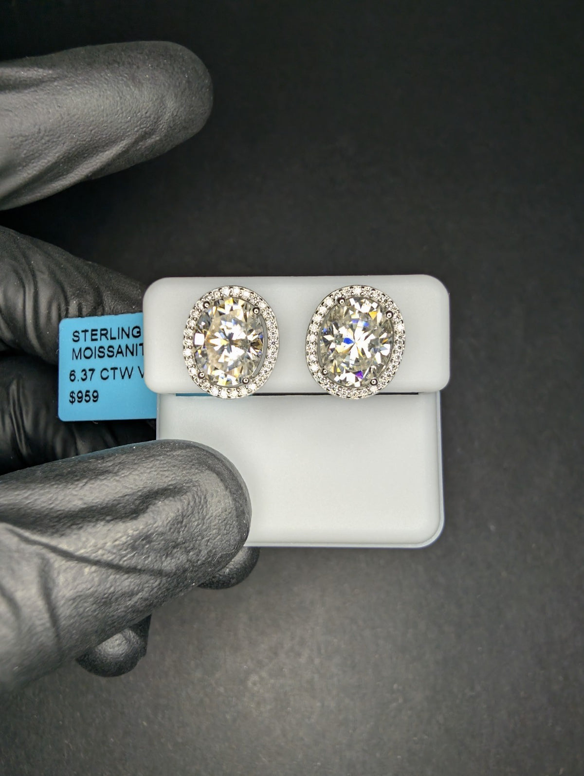 Solid 925 Silver VVS D Moissanite Oval Solitaire with Halo Stud Earrings 6.37ctw
