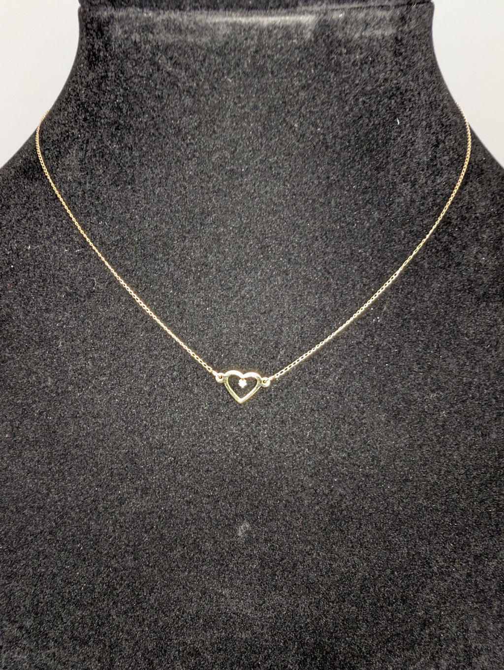 Solid 14K Yellow Gold Dainty 16in Necklace with Open Heart Diamond Pendant