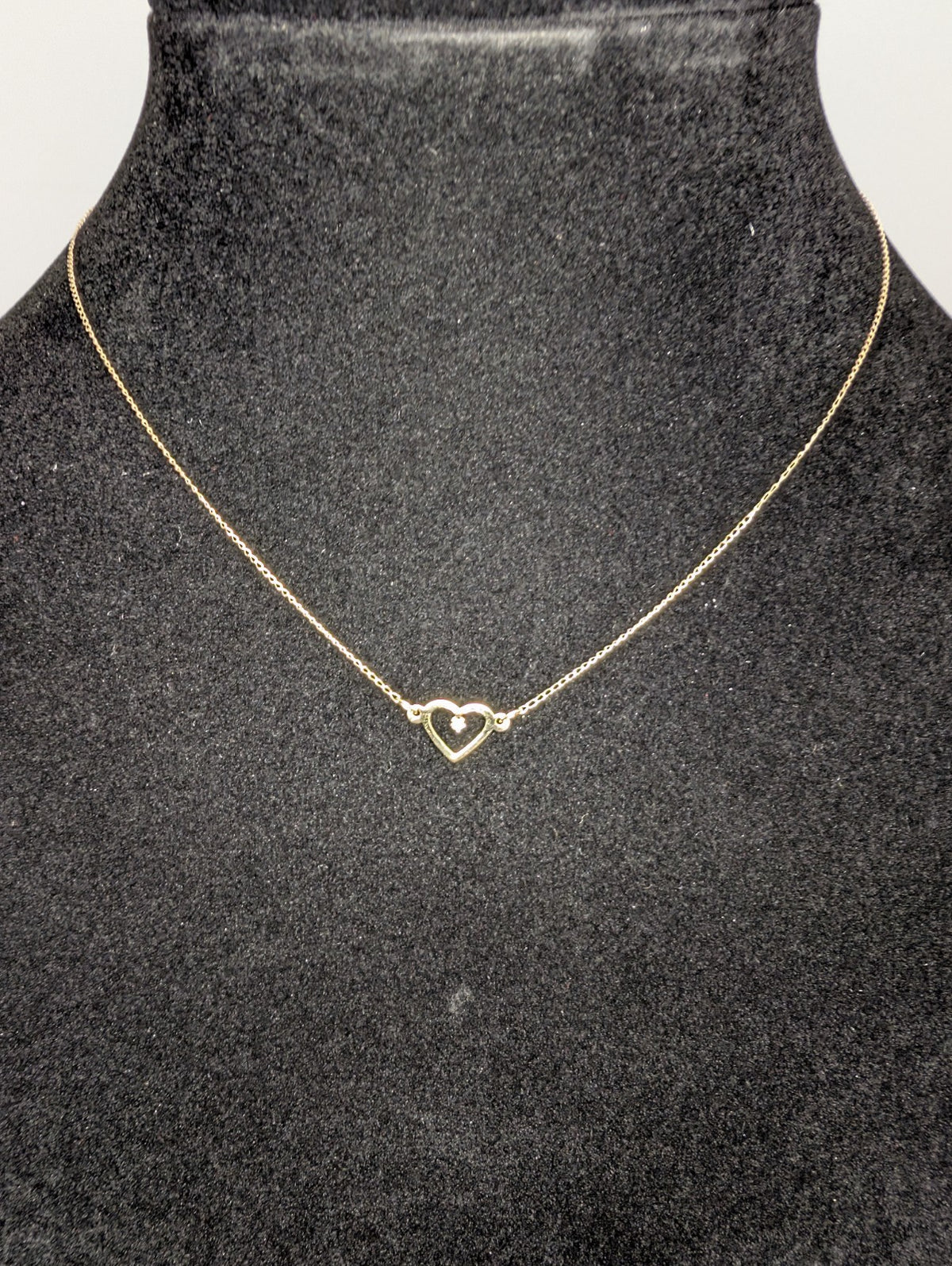 Solid 14K Yellow Gold Dainty 16in Necklace with Open Heart Diamond Pendant