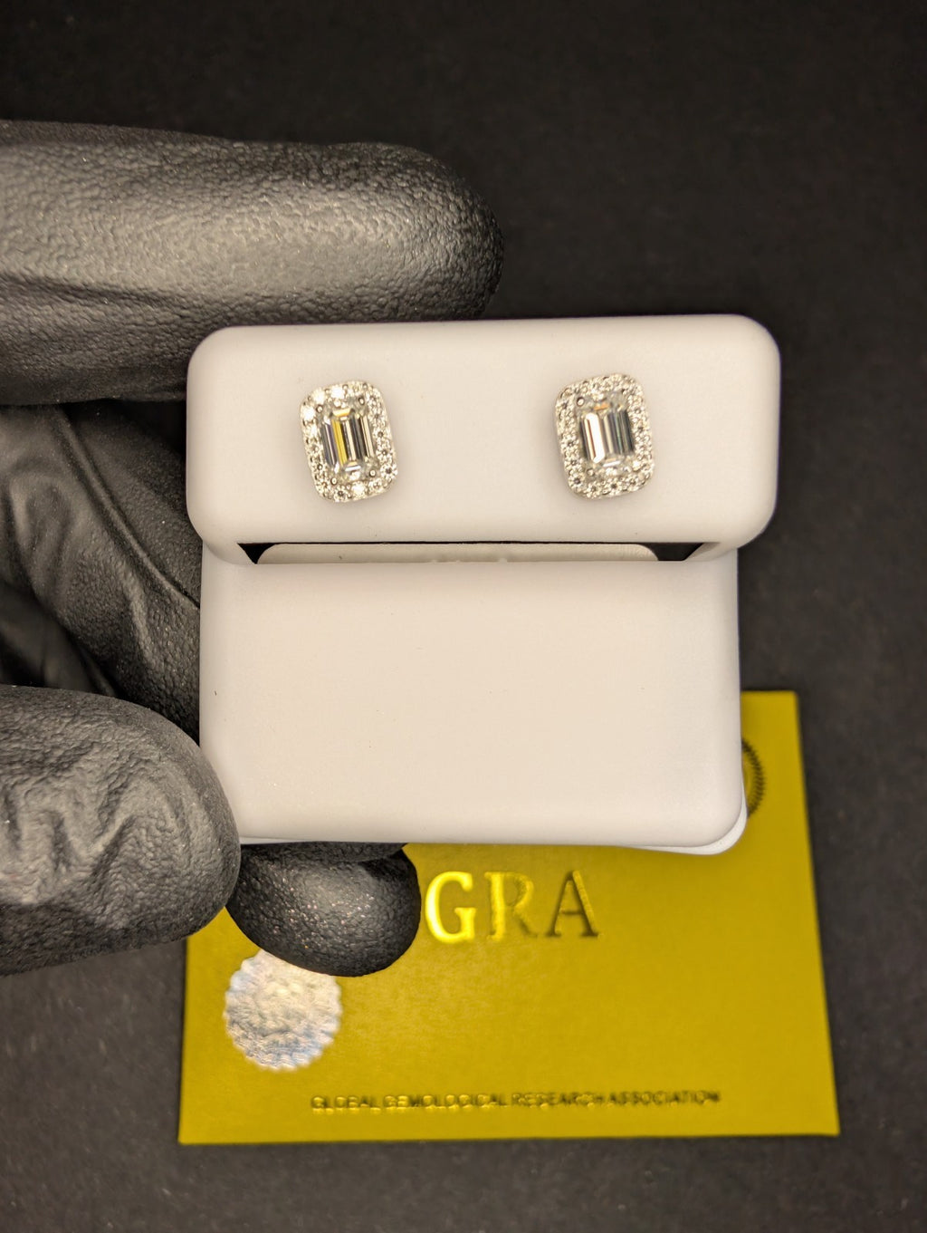 Solid 925 Silver GRA Certified Emerald-cut Moissanite with Halo Studs