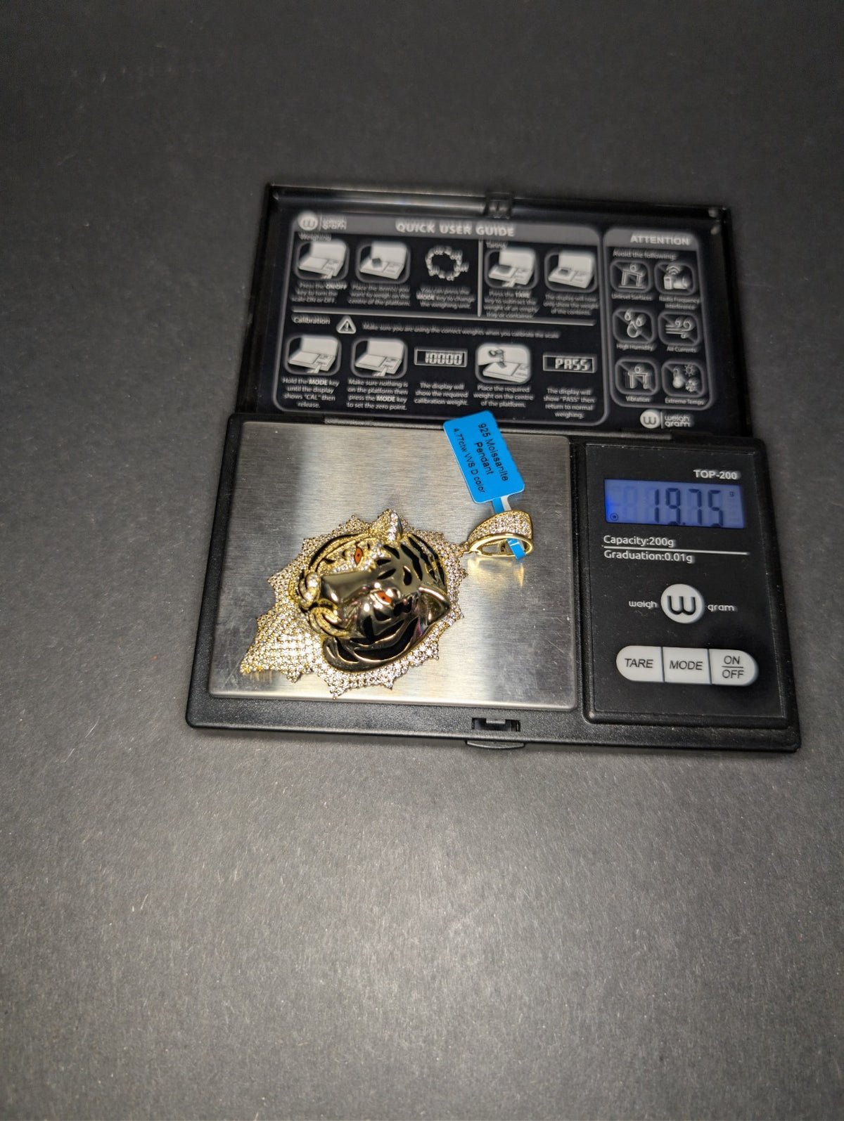 Gold over Solid 925 Silver Iced Out VVS D Color Moissanite Tiger Pendant