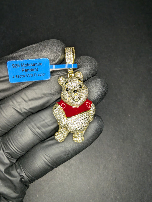 Gold Over Solid 925 Silver Iced Out VVS D Moissanite Winnie the Pooh Pendant