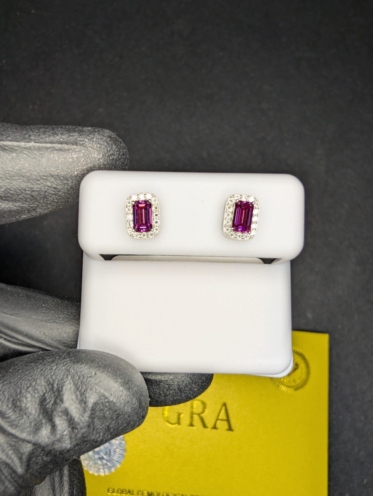 Solid 925 Silver GRA Certified Emerald-cut Pink Moissanite with Halo Studs