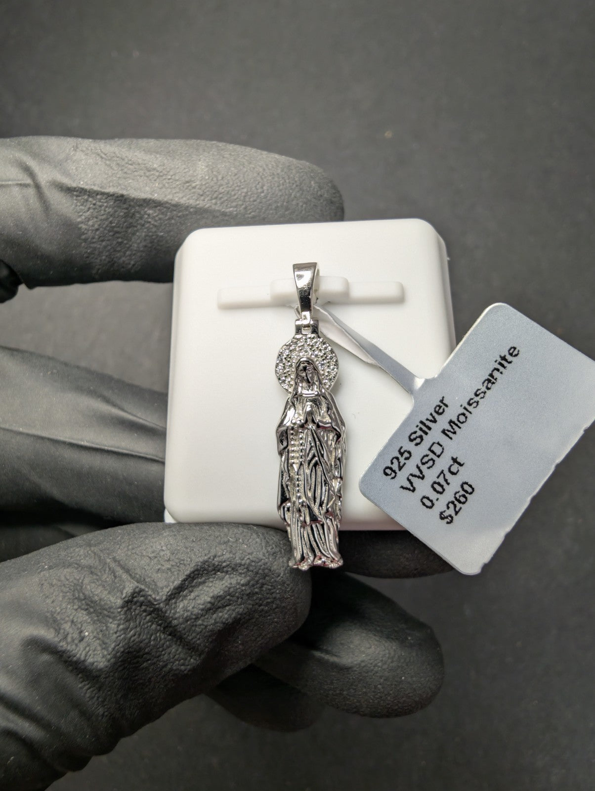 Solid 925 Silver GRA Certified Moissanite Virgin Mary Lady of Guadalupe Pendant