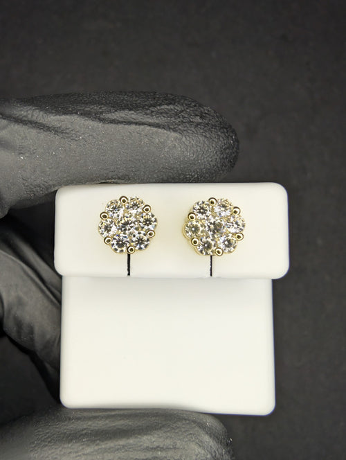 Gold over 925 Sterling Silver VVS D Moissanite 7.7mm Honeycomb Cluster Studs