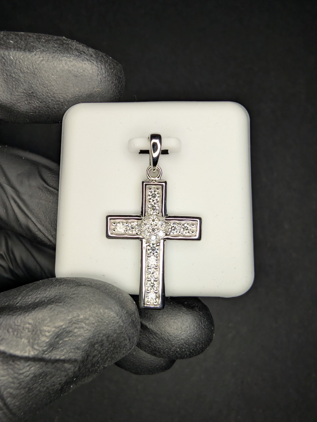 Solid 925 Silver Iced Out VVS D Moissanite Honeycomb Cluster Cross Pendant