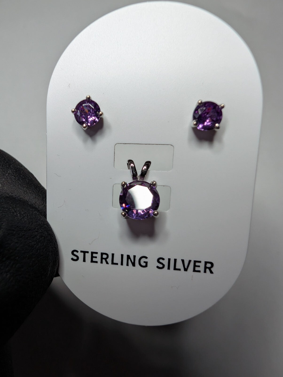 925 Sterling Silver Round Purple Stone Pendant and Earring Set 