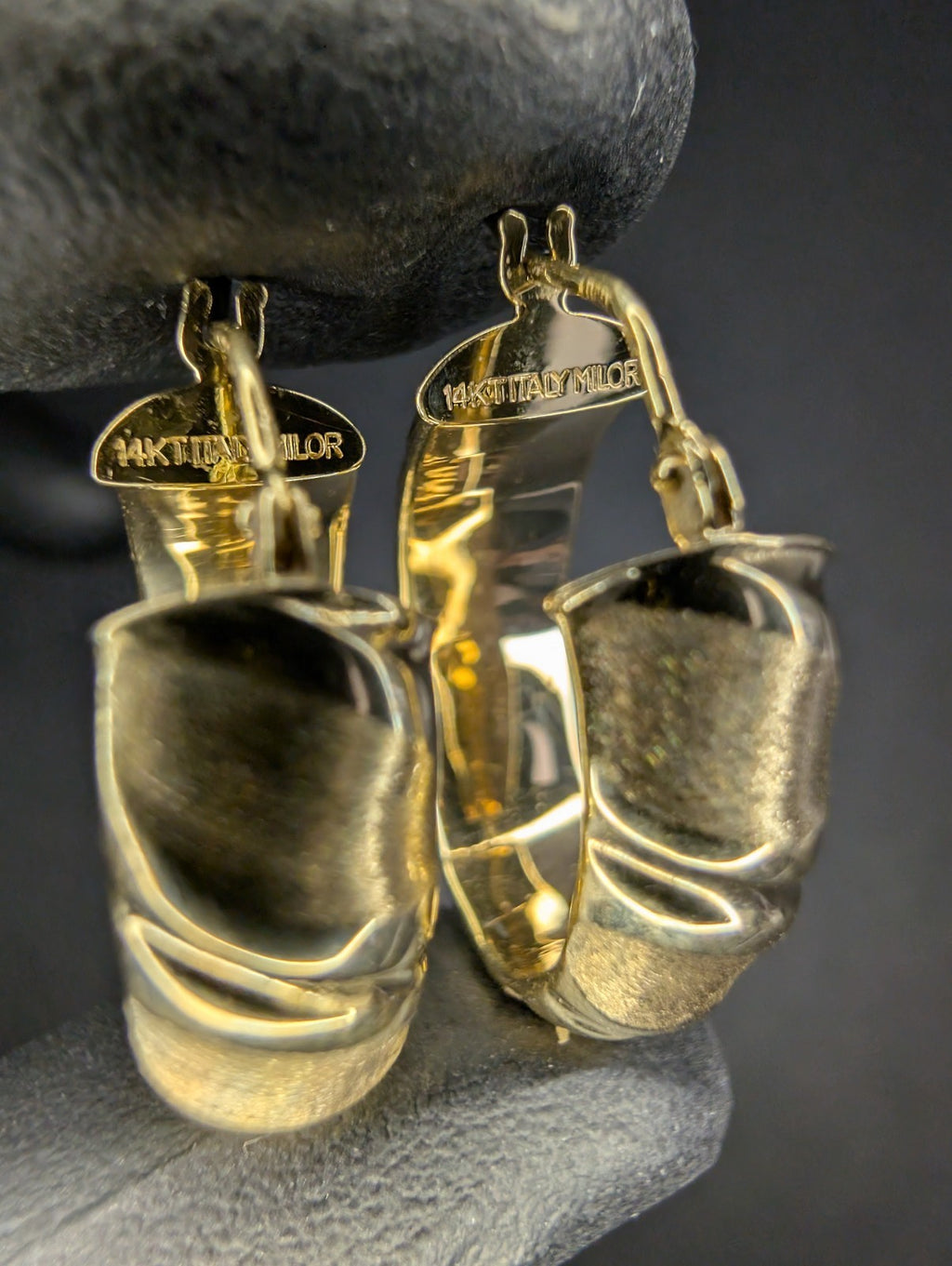 Vintage Milor Italian 14k Yellow Gold Brushed and High Polished Hoop Earrings