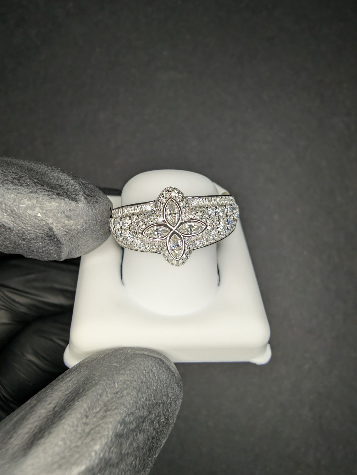Solid 925 Sterling Silver VVS D Marquise & Round Moissanite Flower Ring Size 11